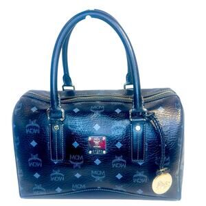 MCM Boston Bag Black Blue Visetos-Silver Hardware-Charm-Dust Bag-Excellent
